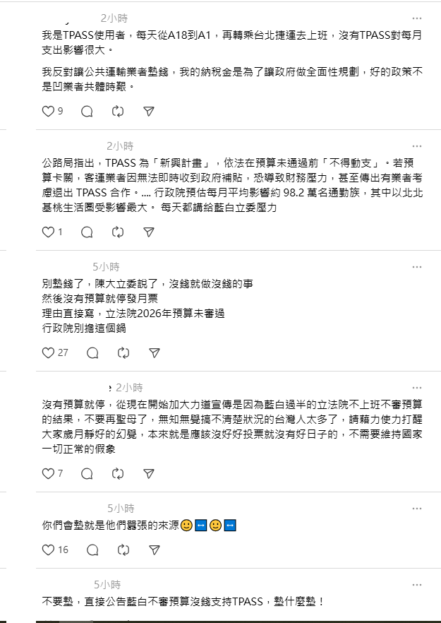 TPASS預算卡關引起網友熱議，不少人都反對讓業者先墊錢，但又對立法院的行為感到無奈。 圖：翻攝自Threads