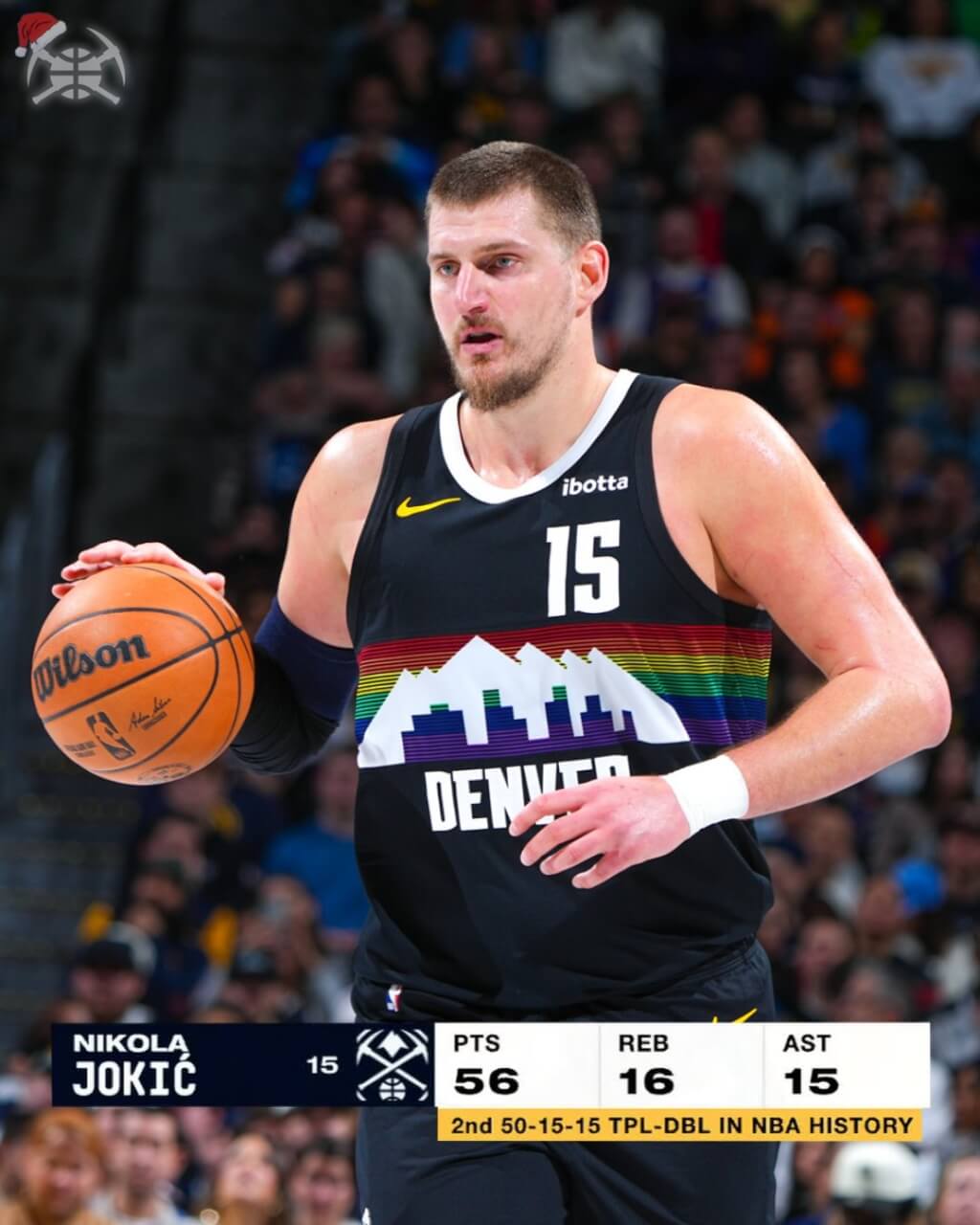 美國職籃NBA丹佛金塊明星中鋒約基奇25日於主場繳出56分、16籃板、15助攻的超級大三元表現，率隊以142比138擊倒明尼蘇達灰狼。（圖取自x.com/nuggets）