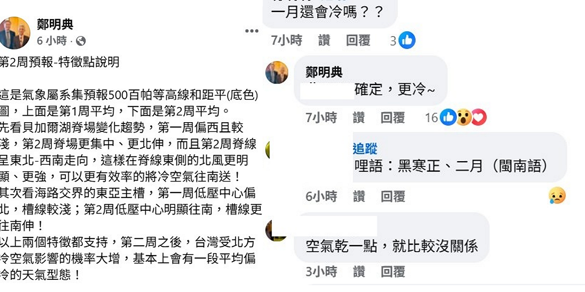 未來兩週都會有西伯利亞的冷空氣南下，且第2週會比第1週的更強，北風影響更明顯，因此確定1月一定會更冷。 圖：取自鄭明典臉書