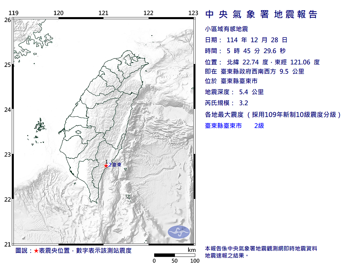 今晨5時45分，台東市小區域有感地震，芮氏規模3.2。 圖/中央氣象署