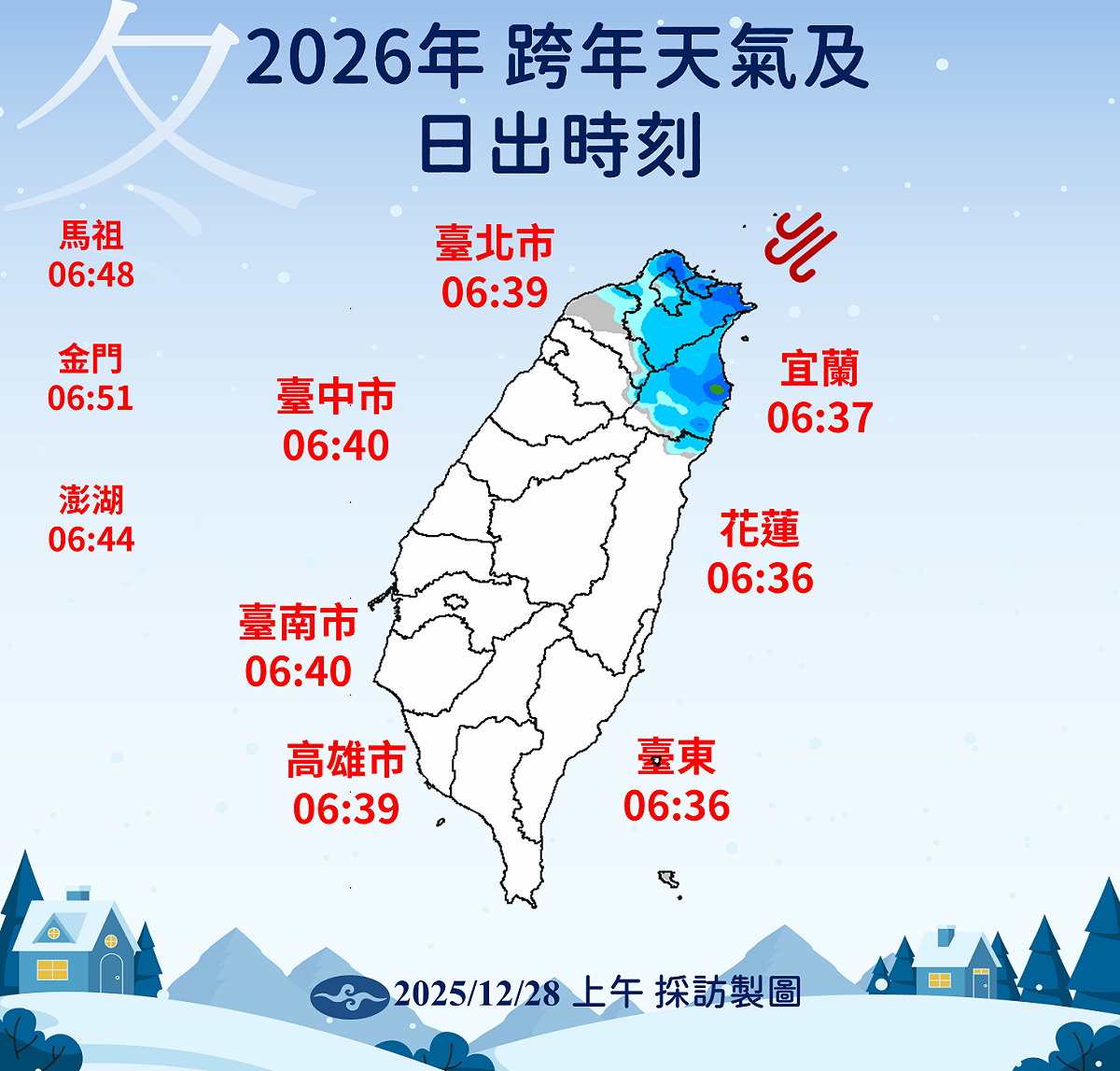氣象署公布各地迎接曙光最佳時刻表。 圖：氣象署／提供