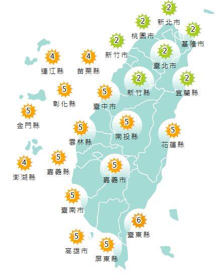 氣象署發布各地紫外線指數預報概況。 圖：氣象署提供