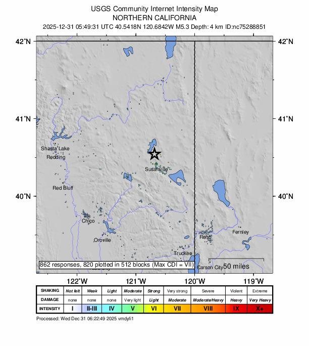 美國加州北部拉森郡於美國太平洋時間12月30日晚間9時49分（台北時間12月31日下午1時49分）發生規模5.3地震，震央位於蘇珊維爾市西北偏北方約9英里處，深度約3英里。 圖：翻攝USGS官網