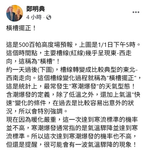 鄭明典指出，氣壓的槽線明起將從東西走向，變成「東北－西南」走向，這個現象叫「橫槽擺正」。 圖：取自鄭明典臉書