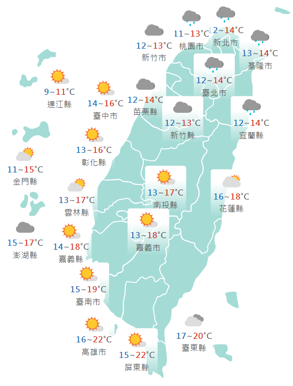 氣象署公布各地天氣預報概況。 圖：氣象署提供
