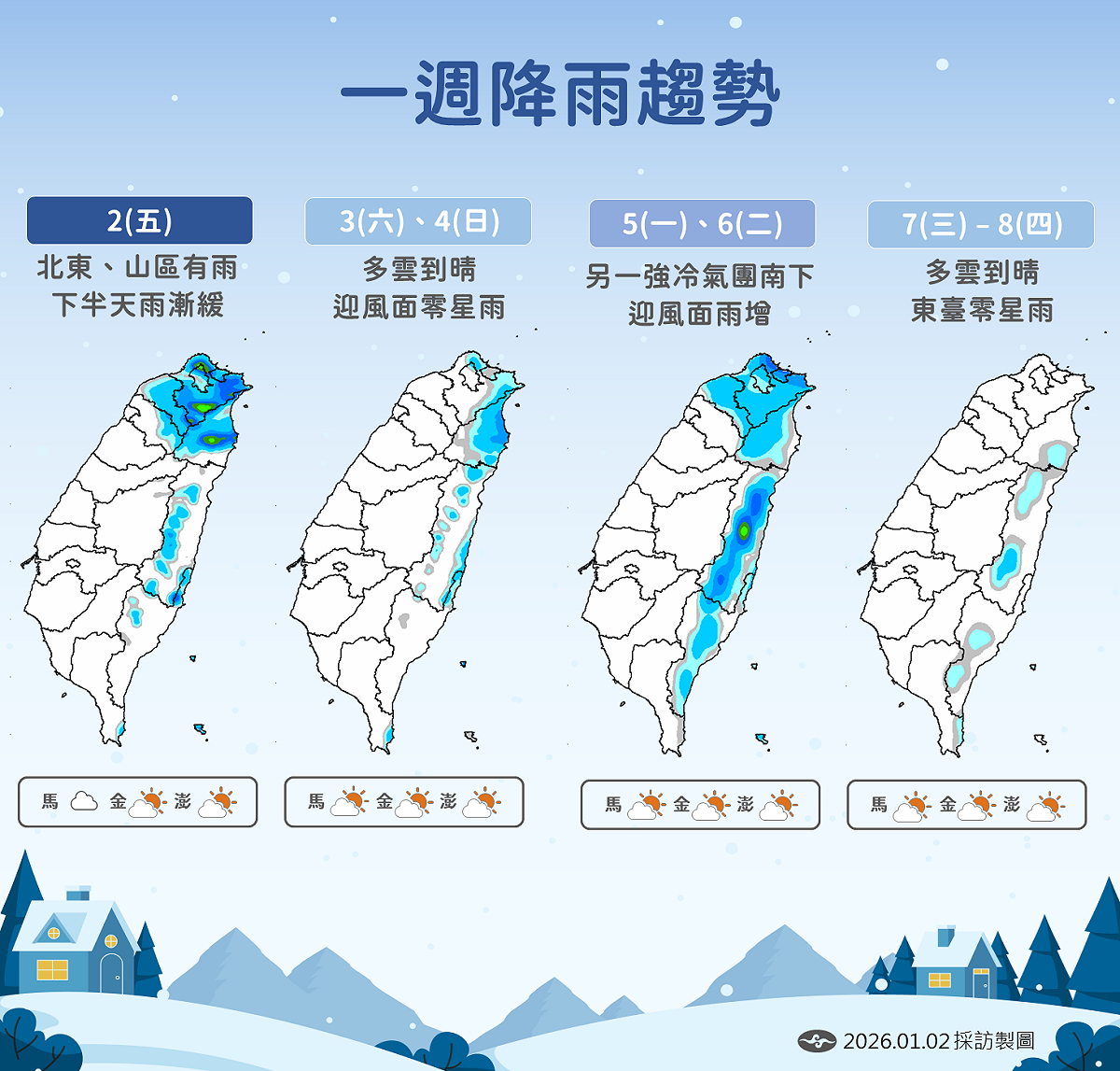 今日高山防雪與路面結冰，週末轉晴，下週一另波強冷空氣報到雨增。 圖：氣象署／提供