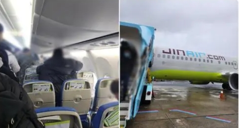 韓國濟州島客機冒煙突然冒煙，機上122人緊急撤離。 圖 : 影片截圖