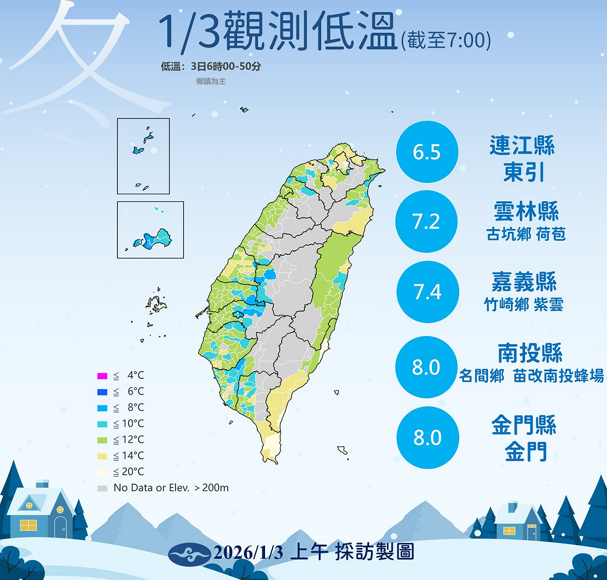受到強烈大陸冷氣團影響，各地有感降溫，其中本島最低溫出現在雲林古坑荷苞測站僅7.2度。 圖：氣象署／提供