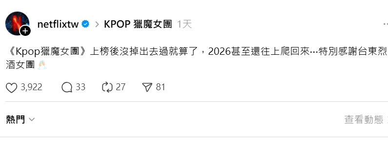 事後Netflix還在Threads上表示，「《Kpop獵魔女團》上榜後沒掉出去過就算了，2026甚至還往上爬回來…特別感謝台東烈酒女團」 圖：翻攝自Netflix Threads