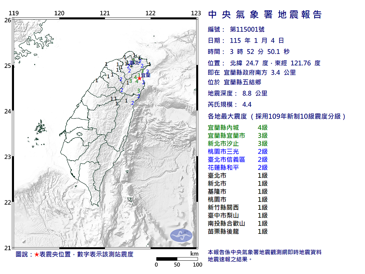 01/04-03:52宜蘭縣五結鄉發生規模4.4有感地震 圖：中央氣象署