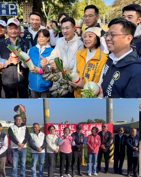 江啟臣到大坑，藍白的市議員及參選人一路跟隨（上）。同一時間楊瓊瓔到大里，卻是與綠委何欣純、三位市議員同框。   圖：新頭殼合成