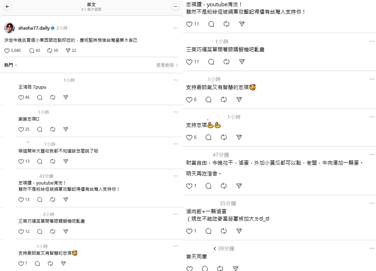 志祺七七的貼文吸引不少網友支持，「普天同慶」、「志祺讚，YouTube清流！」，該貼文2個小時已超過4萬瀏覽。 圖：翻攝自志祺七七Threads