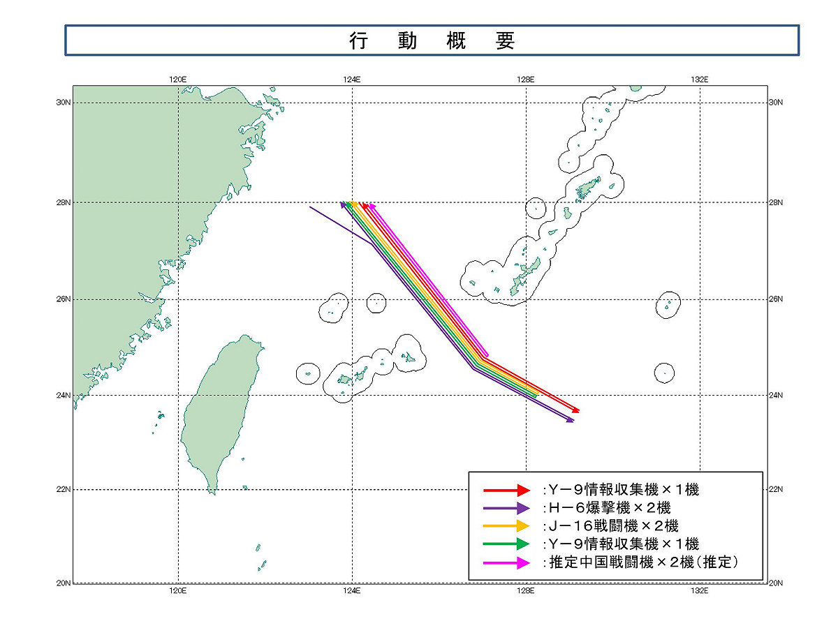 日本防衛省統合幕僚監部5日公布，上月29日解放軍「正義使命-2025」軍演首日，多架次軍機穿越宮古海峽進出太平洋。 圖：翻攝「X」@ModJapan_jp