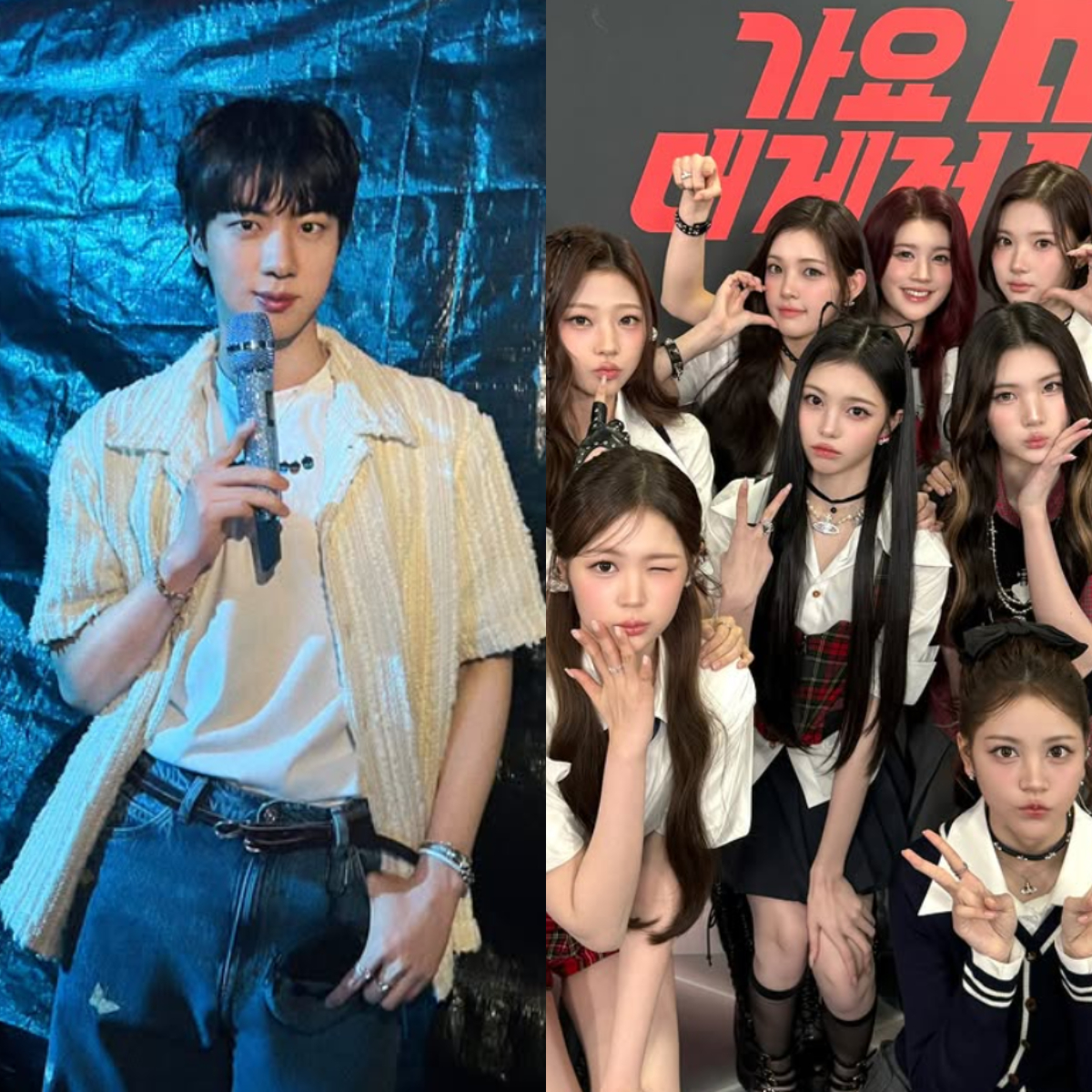防彈少年團成員JIN(左圖)榮獲金唱片Upbit人氣獎男歌手部門冠軍，女歌手部門位居第一的則是女團Hearts2Hearts。 圖：翻攝自JIN、hearts2hearts IG