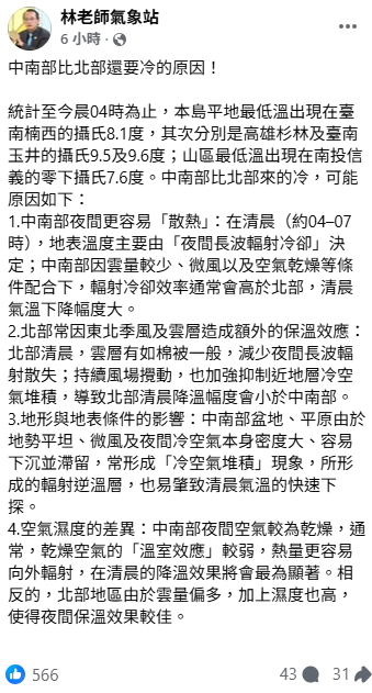 林老師氣象站分析，中南部比北部低溫的4大主因。 圖：取自林老師氣象站