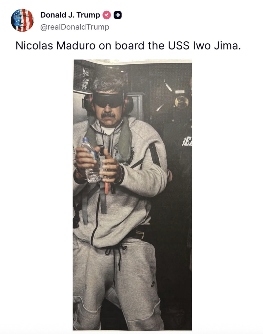 委內瑞拉總統馬杜羅（Nicolás Maduro）遭美國抓捕。 圖：翻攝自川普IG