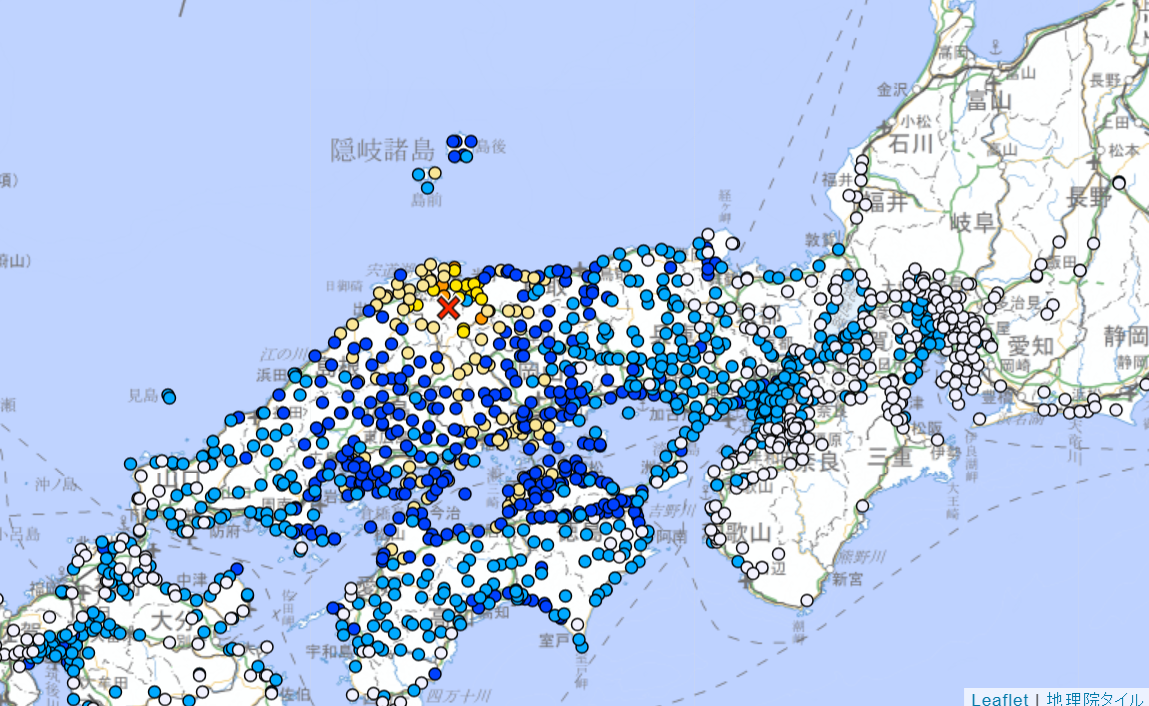 日本島根縣地震規模上修6.4，日本氣象廳提醒未來一周慎防同等級地震。 圖：日本氣象廳