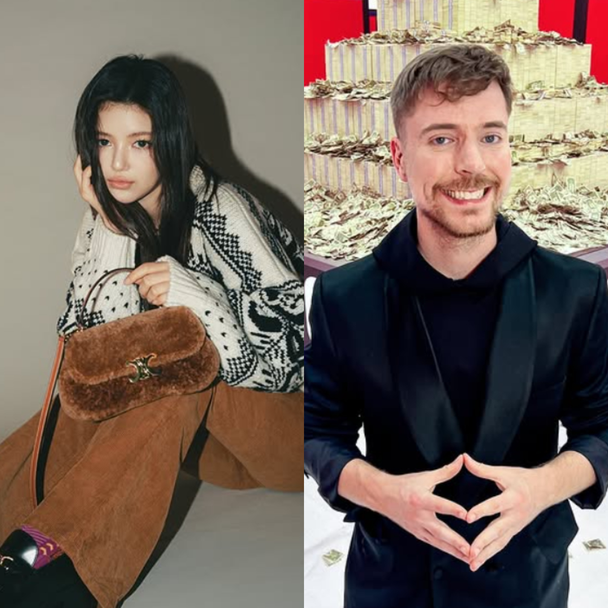 Danielle(左)確定被公司解約後，有部分NewJeans粉絲湧入MrBeast的影片留言區，提出「請幫幫NewJeans成員Danielle」等無理要求。 圖：翻攝自NewJeans、MrBeast IG