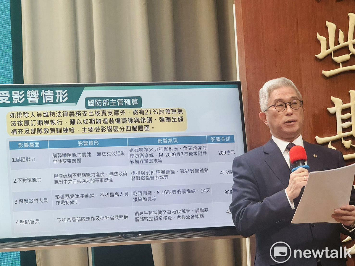 國防部副部長徐斯儉補充說明，115年度國防部主管預算編列5614億，如果未能於立法院本會期通過，受影響預算將達752億，再加上預備金28億，共計達780億。 圖：謝莉慧/攝