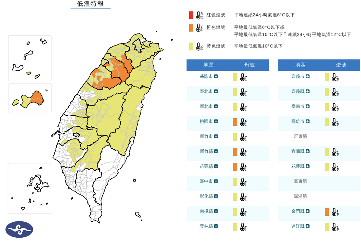 氣象署發布低溫特報，桃園市、新竹縣、苗栗縣、金門縣有6度以下氣溫發生的機率，請注意防範。 圖/氣象署