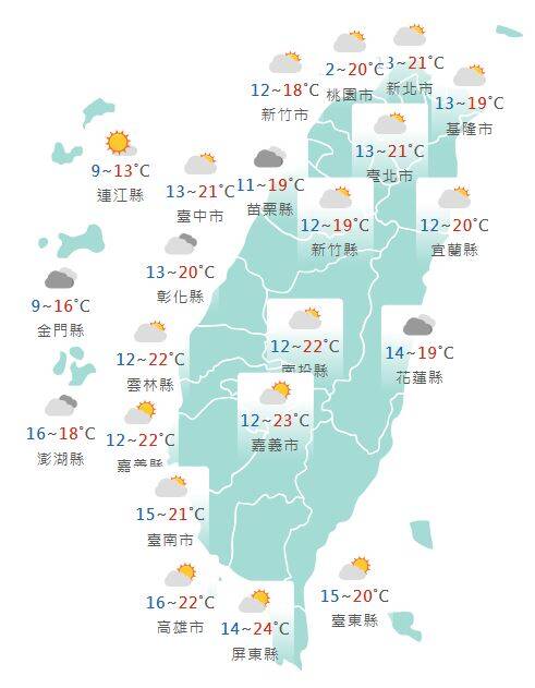 氣象署公布各地天氣預報概況。 圖：氣象署提供