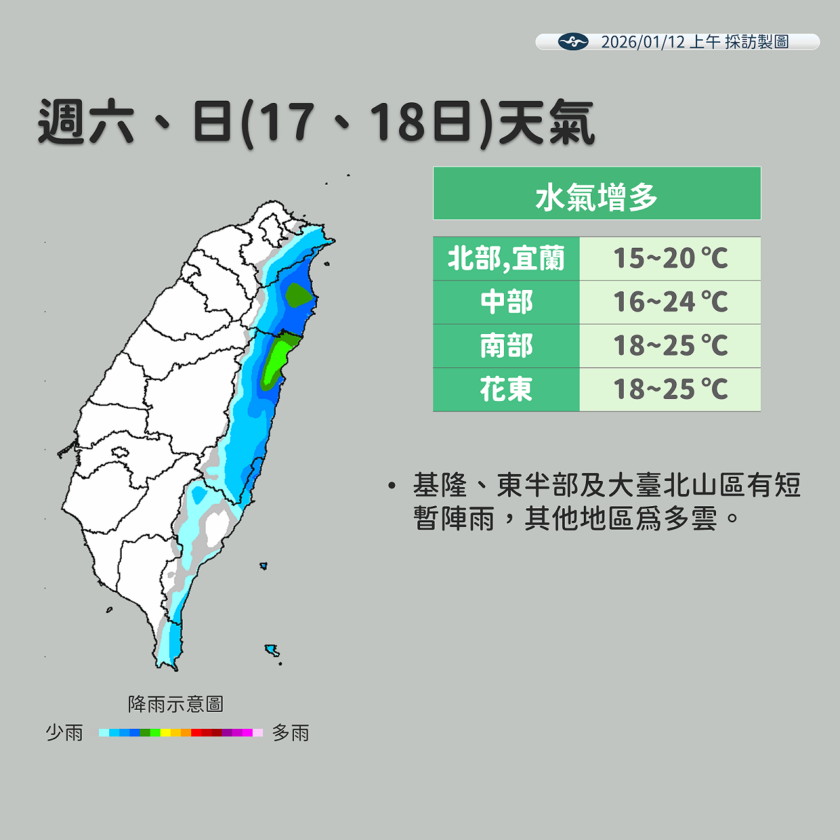 週末水氣增多，基隆北海岸、大台北山區及東半部降雨明顯，竹苗以南仍是晴朗天氣，要留意日夜溫差大。 圖：氣象署／提供