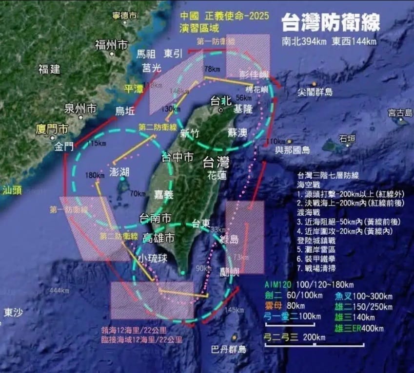 美國軍媒《Naval News》引用執政的民進黨日前發布「台灣防禦線」圖形，剖析台灣自我防衛能力。 圖：台灣區域安全通報提供