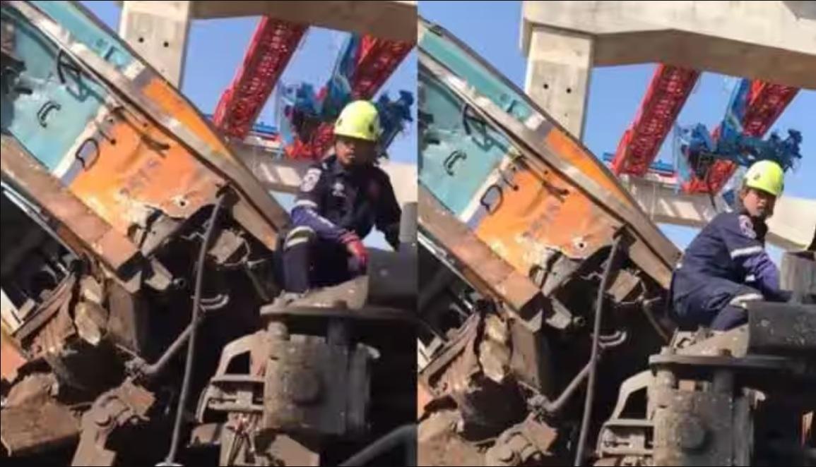 中國一帶一路高鐵起重機倒塌，攔腰砸毀泰國火車，已知至少22死。 圖：翻攝「X」@JournoSrishti