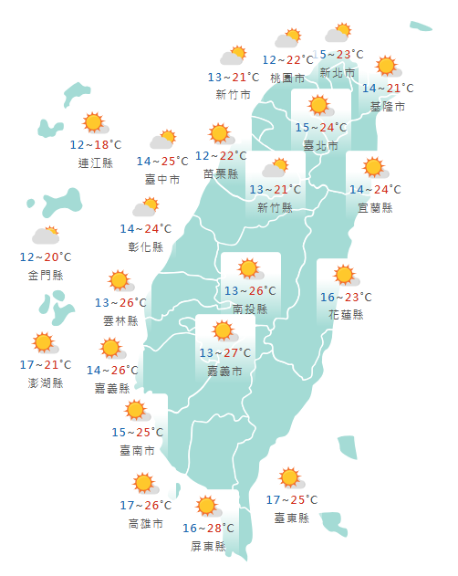 氣象署公布各地天氣預報概況。 圖：氣象署提供