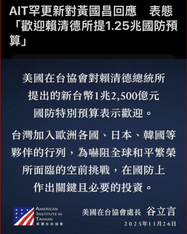 美國在台協會（AIT）14日晚間表態，「對賴清德所提出的1兆2500億元國防特別預算表示歡迎」，王定宇直言，AIT罕見打臉黃國昌、民眾黨，讓這些人「糗爆了」戳破這些人毫無政治誠信。 圖：取自王定宇臉書