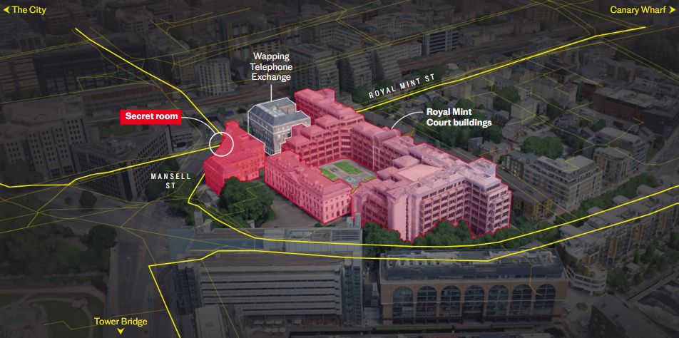 中共駐倫敦「超級大使館」項目設計圖顯示，建築群地底將興建多達208個隱蔽房間，其中部分密室距離承載英國核心金融數據的光纖電纜僅約一公尺。 圖：翻攝自 X  Politics UK