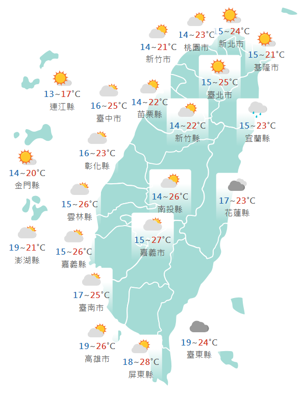 氣象署公布各地天氣預報概況。 圖：氣象署提供