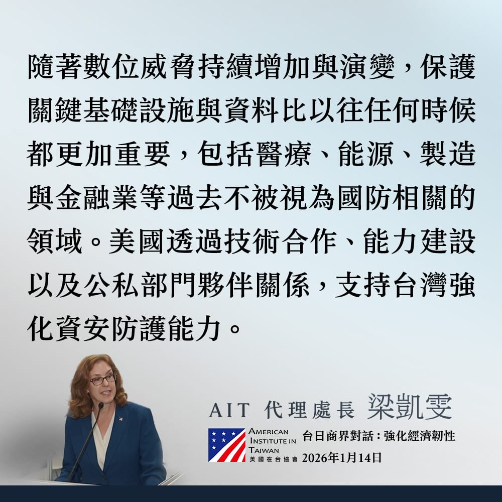 美國在台協會支持總統賴清德提出的1.25兆國防預算，15日再發聲明，支持台灣強化資安防護能力。 圖：取自美國在台協會 AIT臉書
