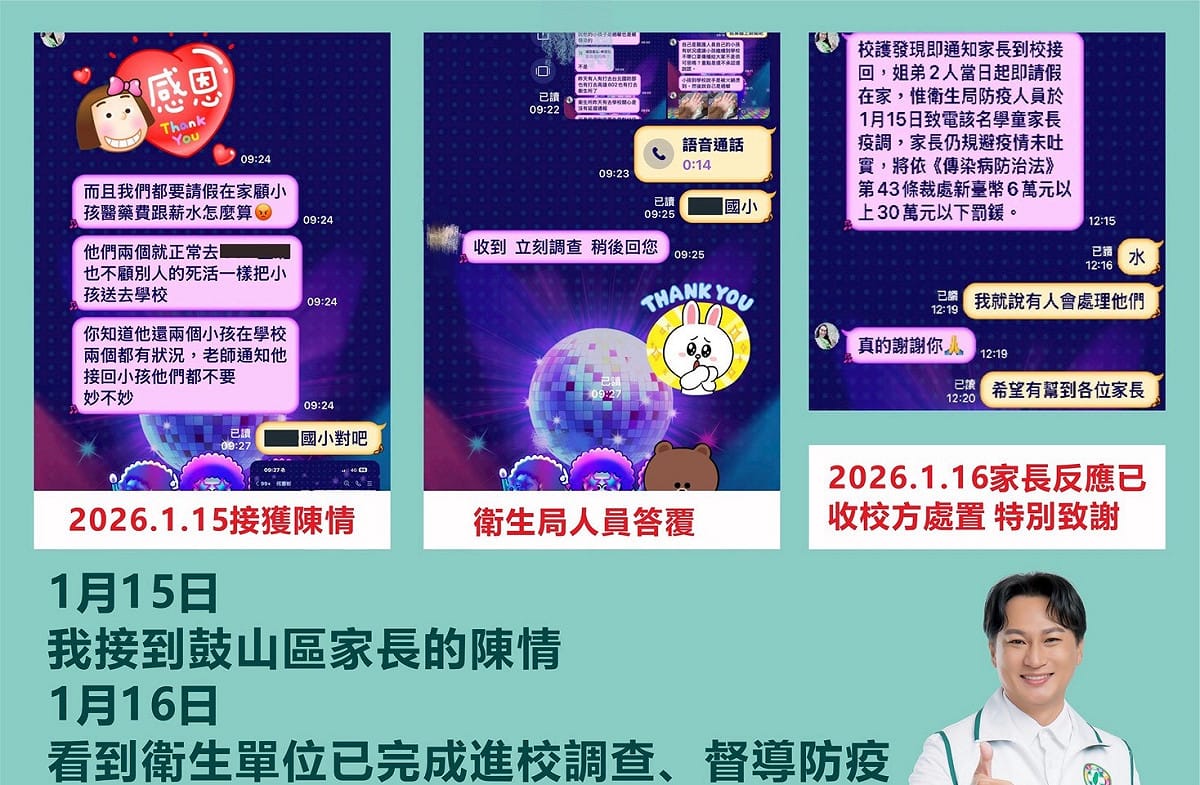 高雄市鼓山區一所國小近日爆出疑似腸病毒群聚，林哲弘接獲家長陳情後，主動聯繫相關單位，請求加速進校釐清、督導防疫與環境清消。 圖：林哲弘服務處/提供