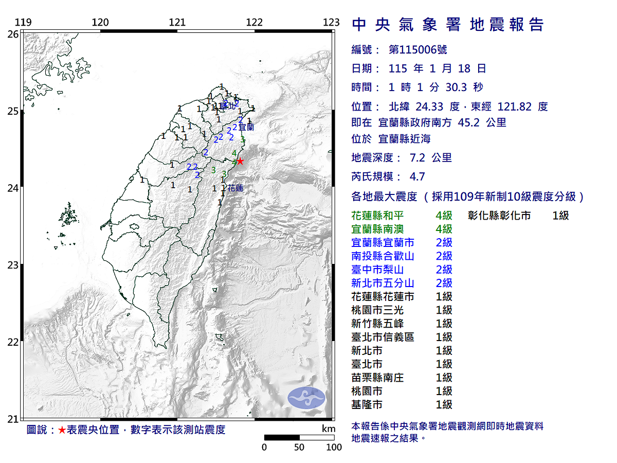 01/18-01:01宜蘭縣近海發生規模4.7有感地震 圖：中央氣象署