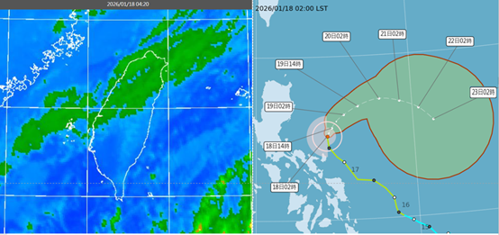 今(18日)晨4：20紅外線色調強化雲圖顯示，台灣上空有稀疏的中層雲移入(左圖)。最新(18日2時)氣象署「颱風路徑潛勢預測圖」顯示，輕颱「洛鞍」，將在菲律賓東方海面大迴轉(右圖)，並有逐漸消散的趨勢。 圖/取自「氣象應用推廣基金會-洩天機教室」專欄