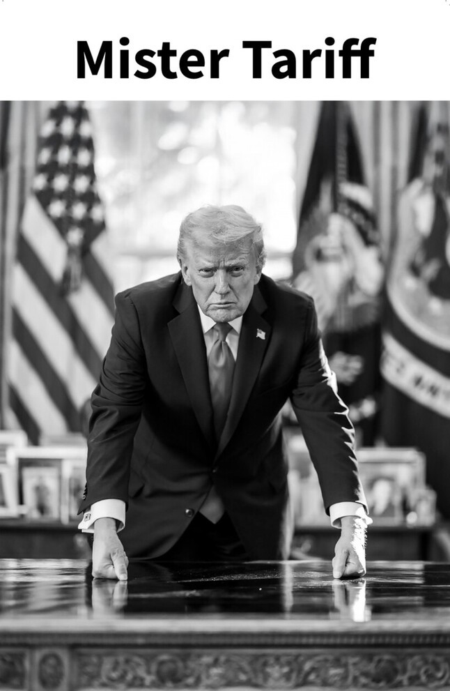 川普在社群平台發布黑白個人照，配文「關稅之王」（The Tariff king）。川普關稅政策遭到最高法院駁回，線面臨各大企業的賠償訴訟。 圖：翻攝自Ｘ／@TrumpDailyPosts