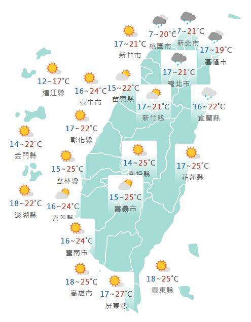 氣象署公布各地天氣預報概況。 圖：氣象署提供