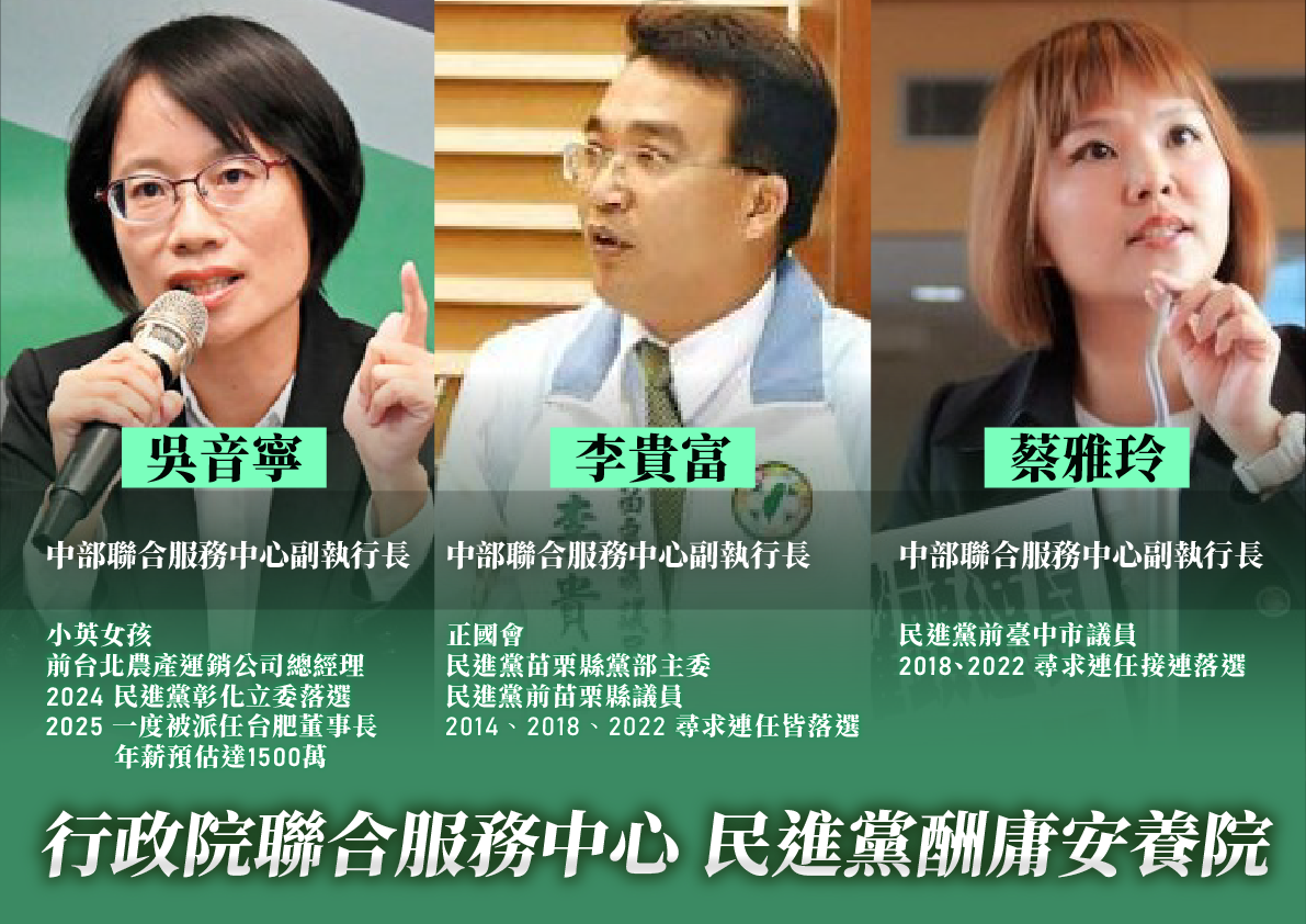 民眾黨指控，行政院中部聯合中心3位副執行長吳音寧、李貴富、蔡雅玲都因有民進黨籍獲得酬庸。 圖：民眾黨 / 提供