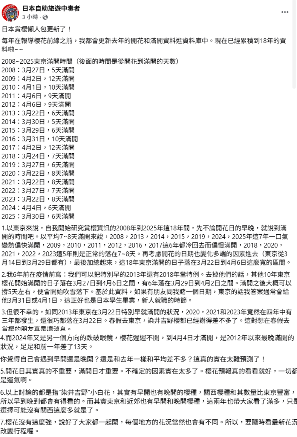 林氏璧特別整理18年來東京櫻花滿開的資料，發現櫻花滿開的花期長達3週，且每年的情況都不一樣，像是2023年提早開，但2024年卻特別晚開，直言「櫻花預報真的看看就好」，但若一定要賭個日期，會抓在「3月31日或4月1日」。 圖：取自日本自助旅遊中毒者