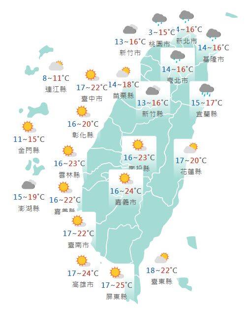 氣象署公布各地天氣預報概況。 圖：氣象署提供