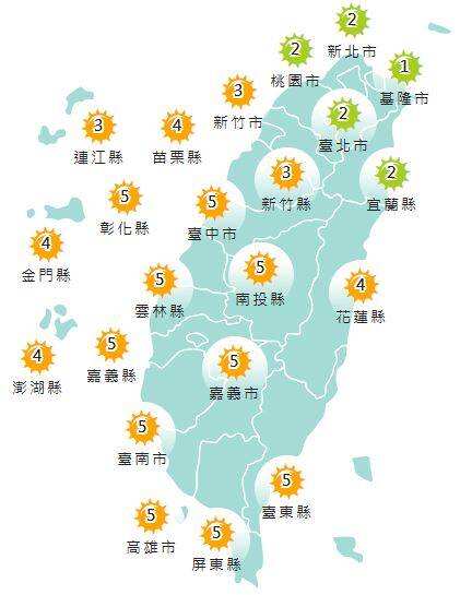 氣象署發布各地紫外線指數預報概況。 圖：氣象署提供