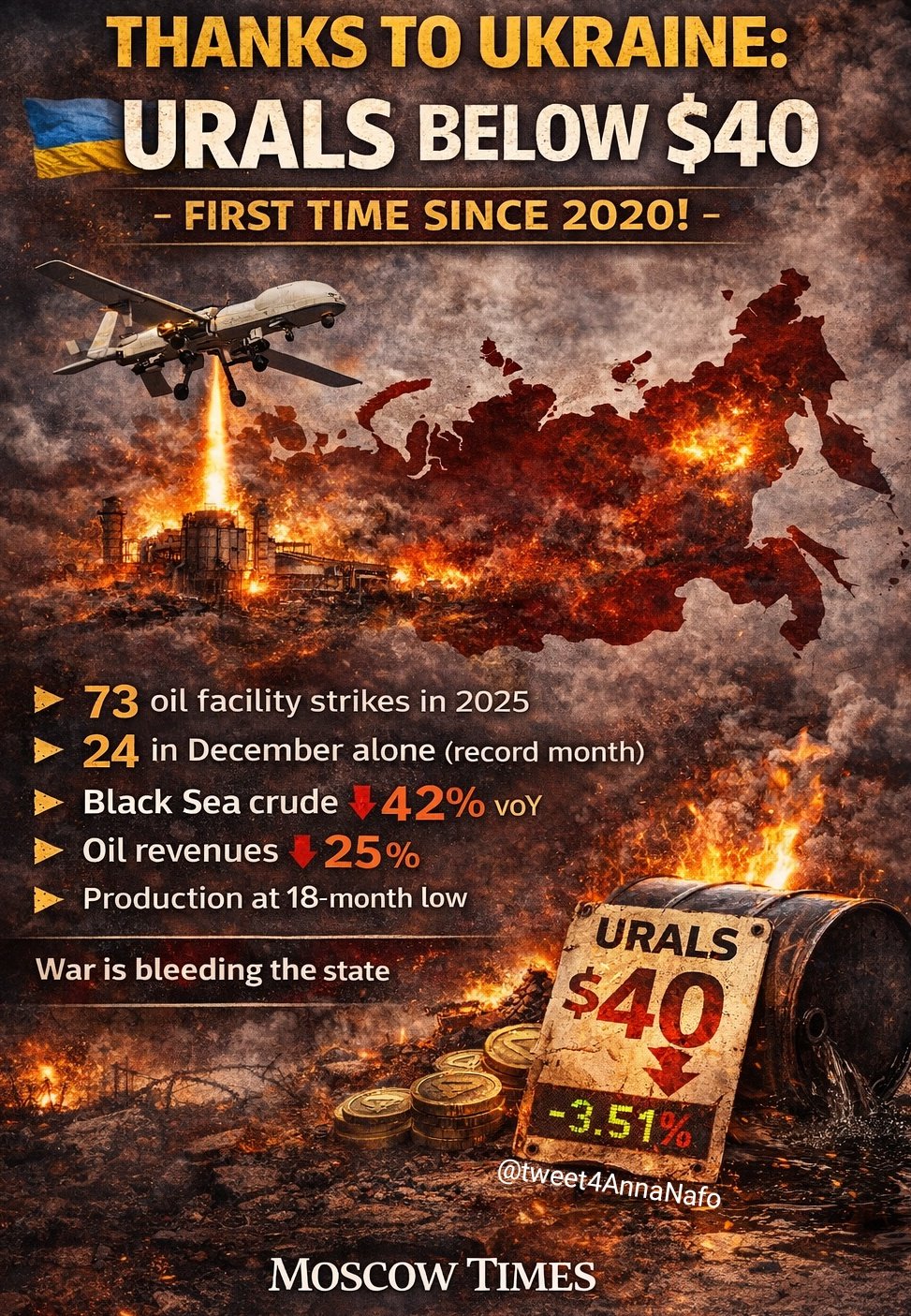 據《莫斯科時報》報導，烏拉爾原油 2020 年以來首次跌破 40 美元，報導推測可能是受烏克蘭罷工影響。 圖：翻攝自 X Anna Komsa