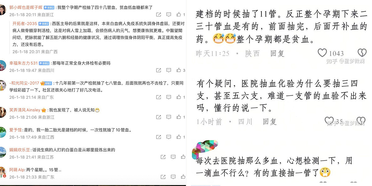 中國網友透露孕期產檢被抽血過多，部分孕婦一次抽12至18管血。 圖：翻攝自網路