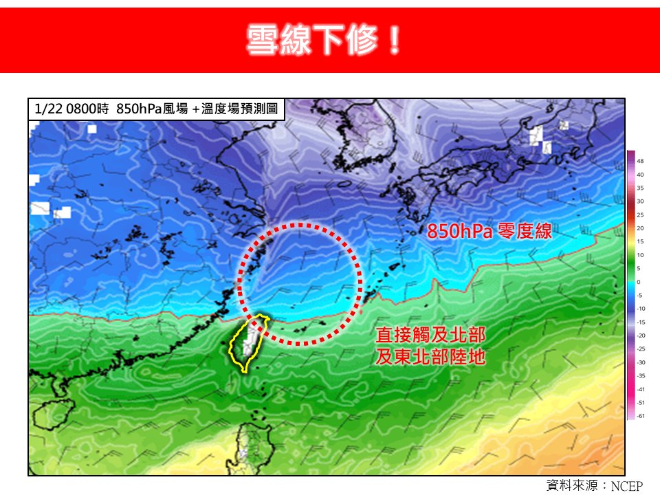 這波冷氣團強度非常接近寒流達標臨界點，降雨範圍擴大，雪線下修，零度線直接觸及北部、東北部陸地，預計降雪量也會比期的多。 圖：取自林老師氣象站