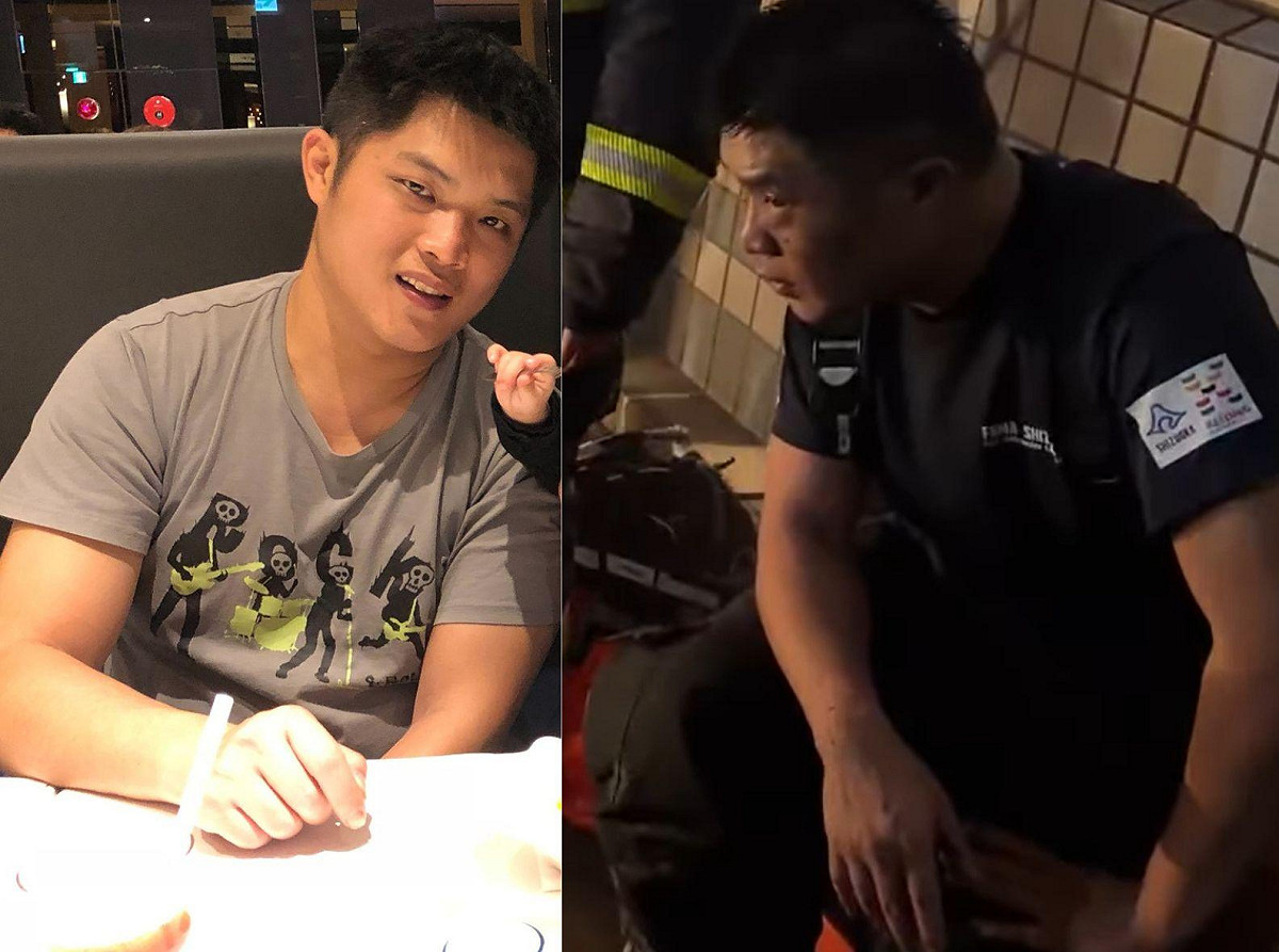 基隆火災奪走英雄生命，詹能傑為救民眾將面罩讓出，吸入濃煙長時間缺氧，搶救無效去世，4名傷者仍在觀察中。（圖為詹能傑留影） 圖：左圖翻攝自基隆市消防局臉書專頁、右圖翻攝自畫面