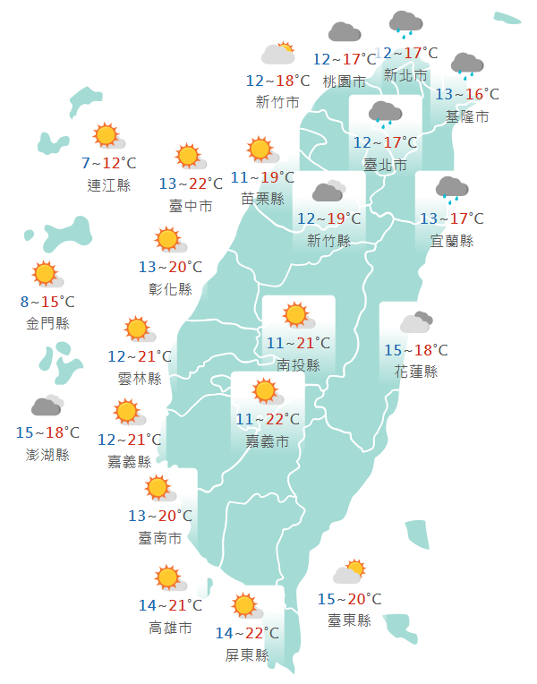 氣象署公布各地天氣預報概況。 圖：氣象署提供