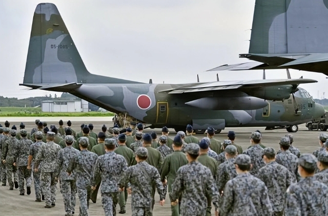 日本自衛隊登上運輸機。(示意圖) 圖 : 翻攝自矚望雲霄