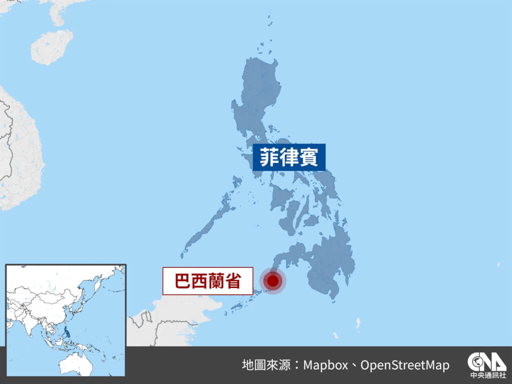 菲律賓官方26日表示，一艘載有超過350人、往返島嶼間的渡輪在菲律賓南部巴西蘭省附近沉沒。（中央社製圖） 圖；中央社提供