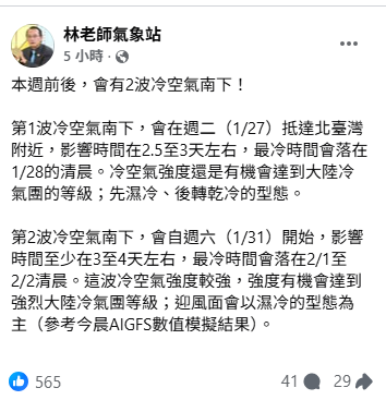 氣象粉專「林老師氣象站」指出，明天首波冷氣團會抵達北台灣附近，為先濕再乾的天氣型態，強度為大陸冷氣團。 圖：取自林老師氣象站